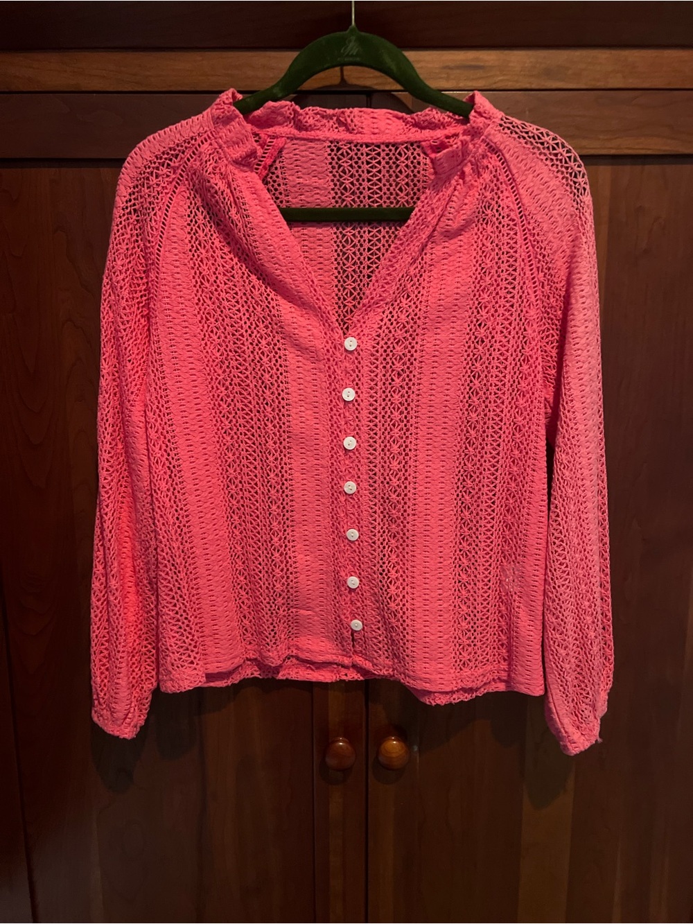 Ladies Coral Pink Crochet Button-Front Long-Sleeve Top